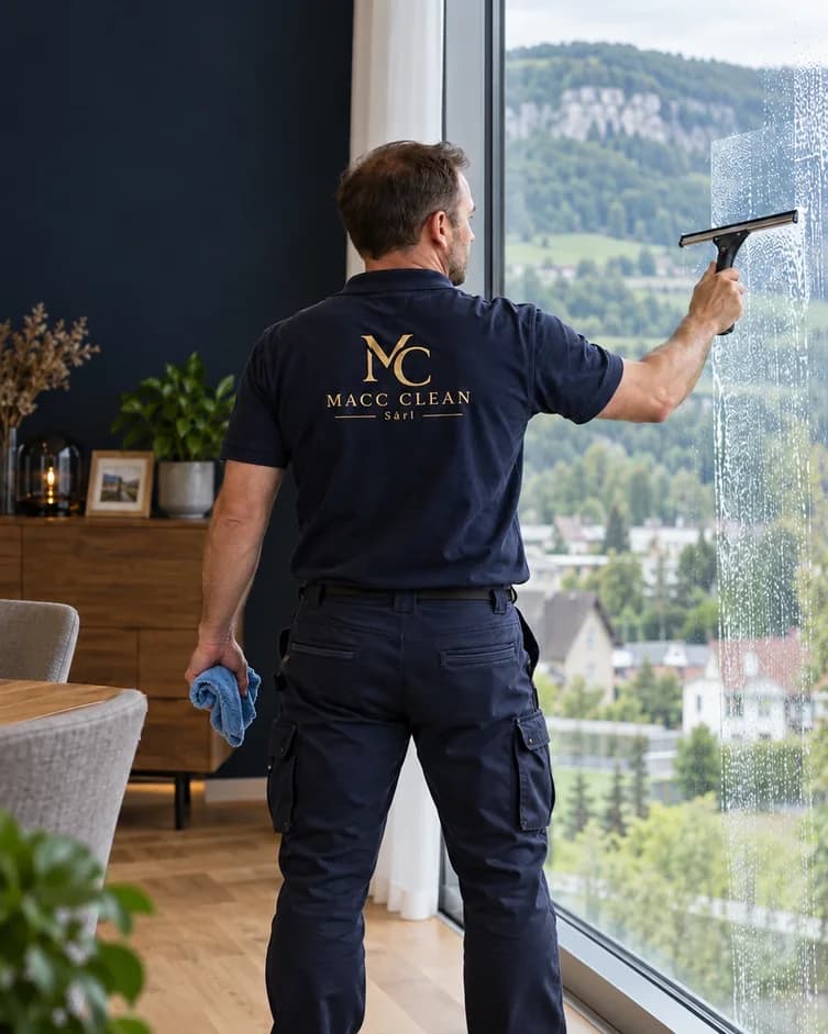 Agent MACC Clean de dos, polo bleu nuit au logo brodé, raclette en main devant une baie vitrée