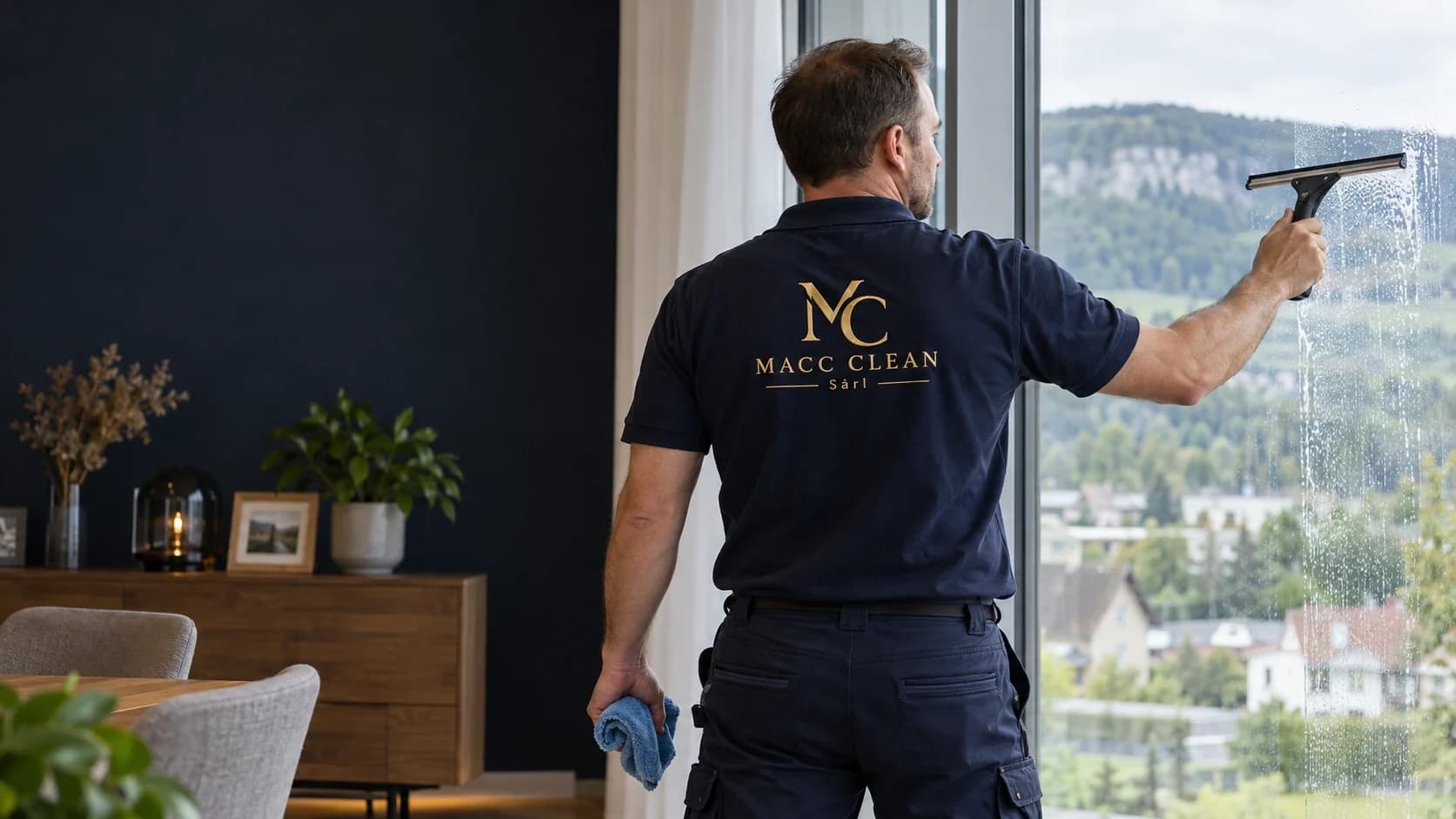 Agent MACC Clean de dos, polo bleu nuit au logo brodé, nettoyant une baie vitrée à la raclette dans un salon, avec vue sur un village et les crêtes du Jura